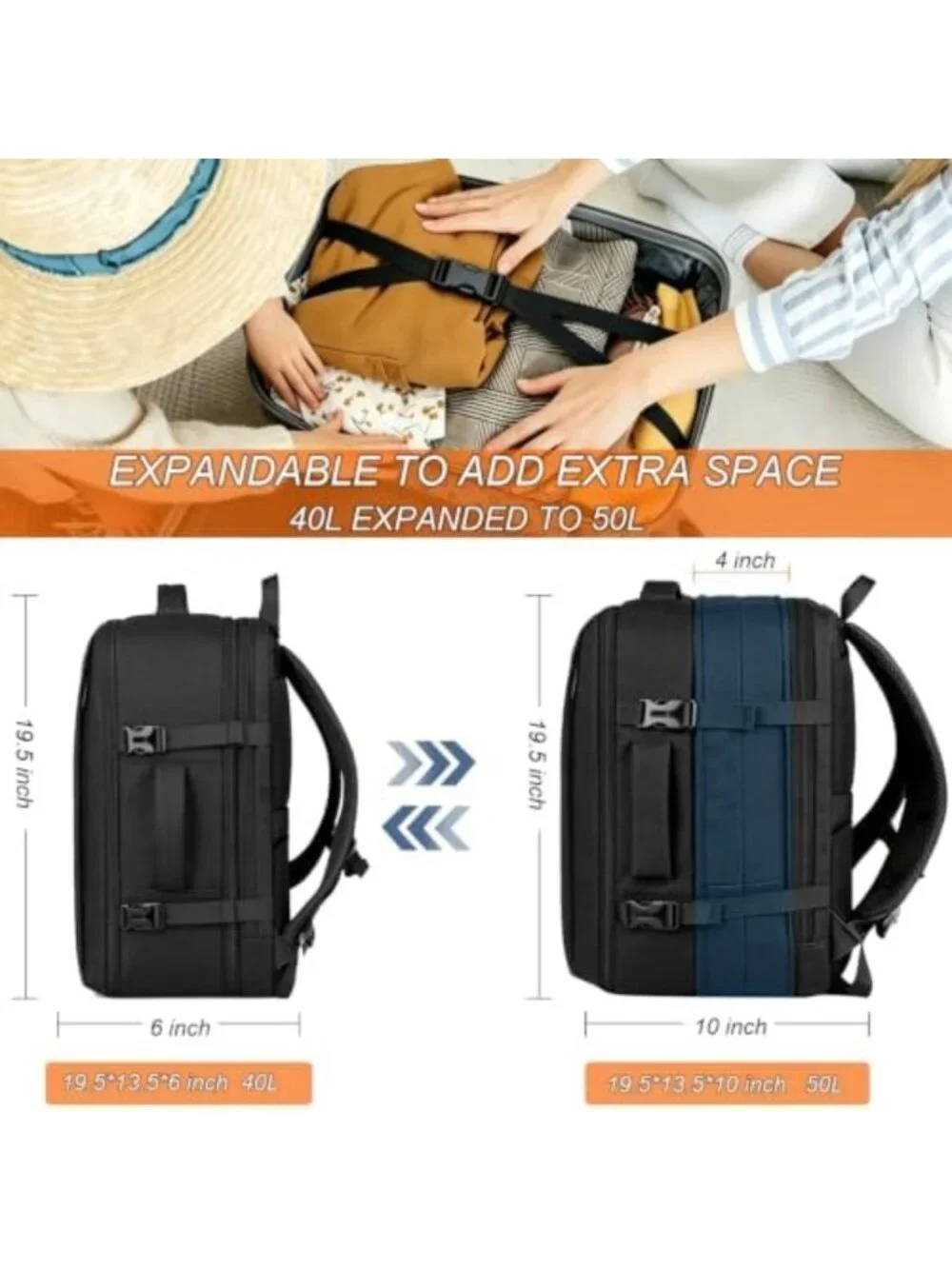Expandable 50L Travel Backpack for Men & Women - Versatile Carry-On Bag, Black